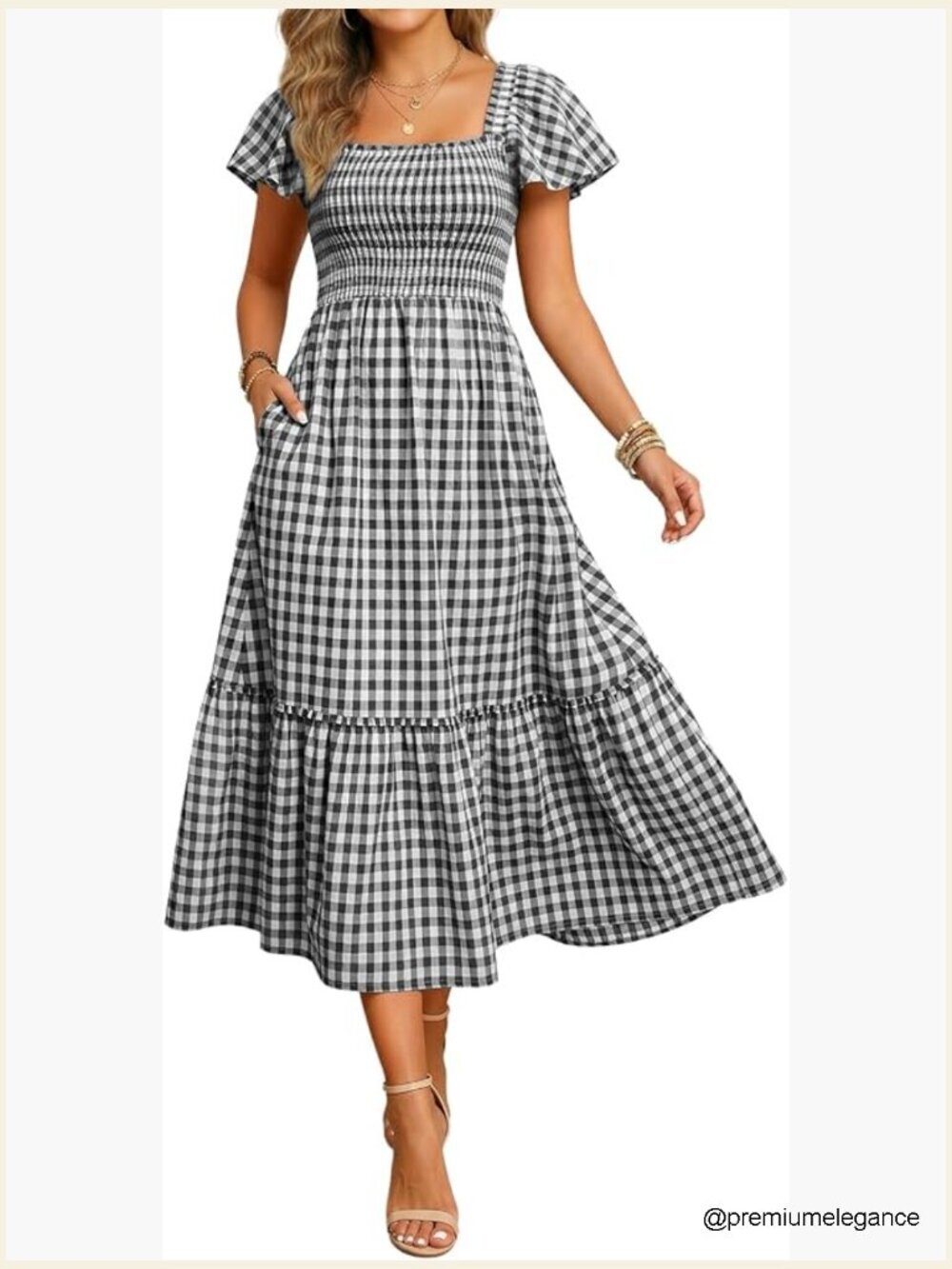 Plaid Cotton Smocked Square Neck Flutter Sleeve Midi Dress with Pockets